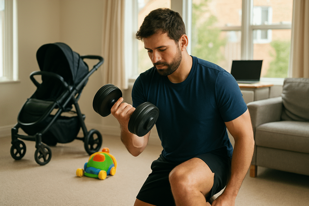 Man curling a dumbbell in hos living room with a pram in the background