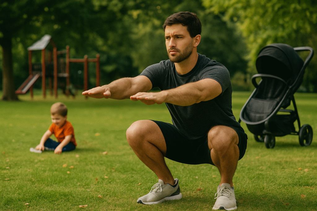 Determined looking man performing a squat outdoors with his toddler son sat in the background next to an outdoor park