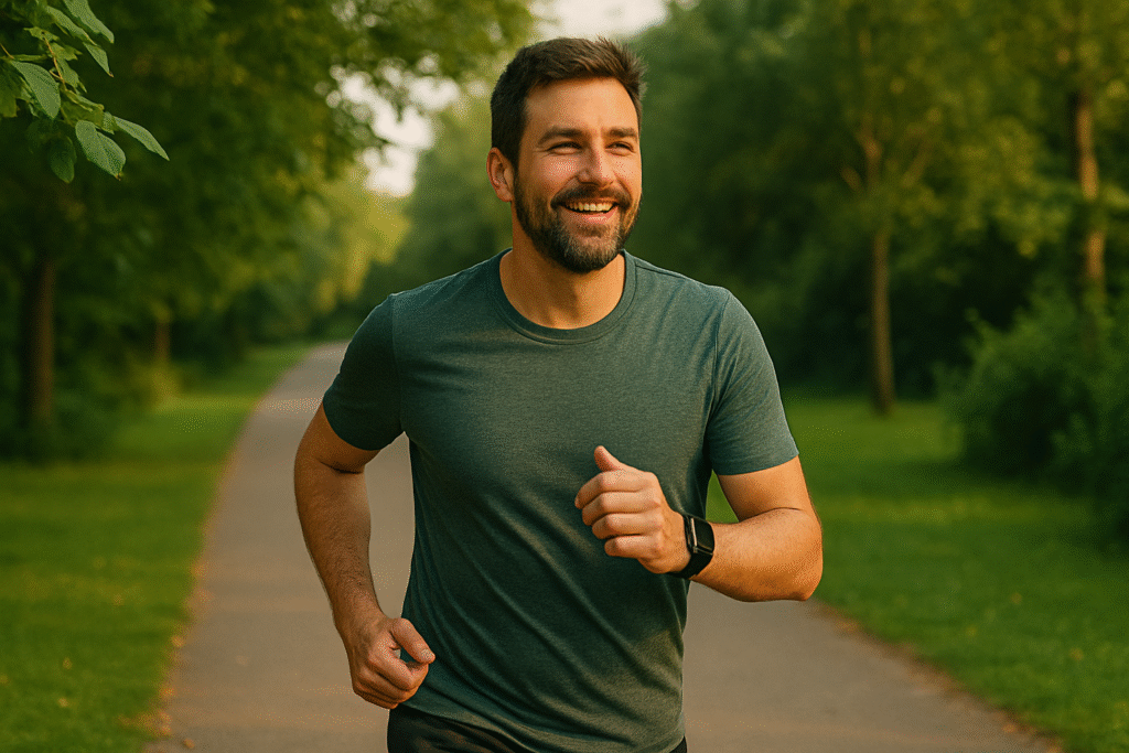 Healthy and happy looking man our running through a park