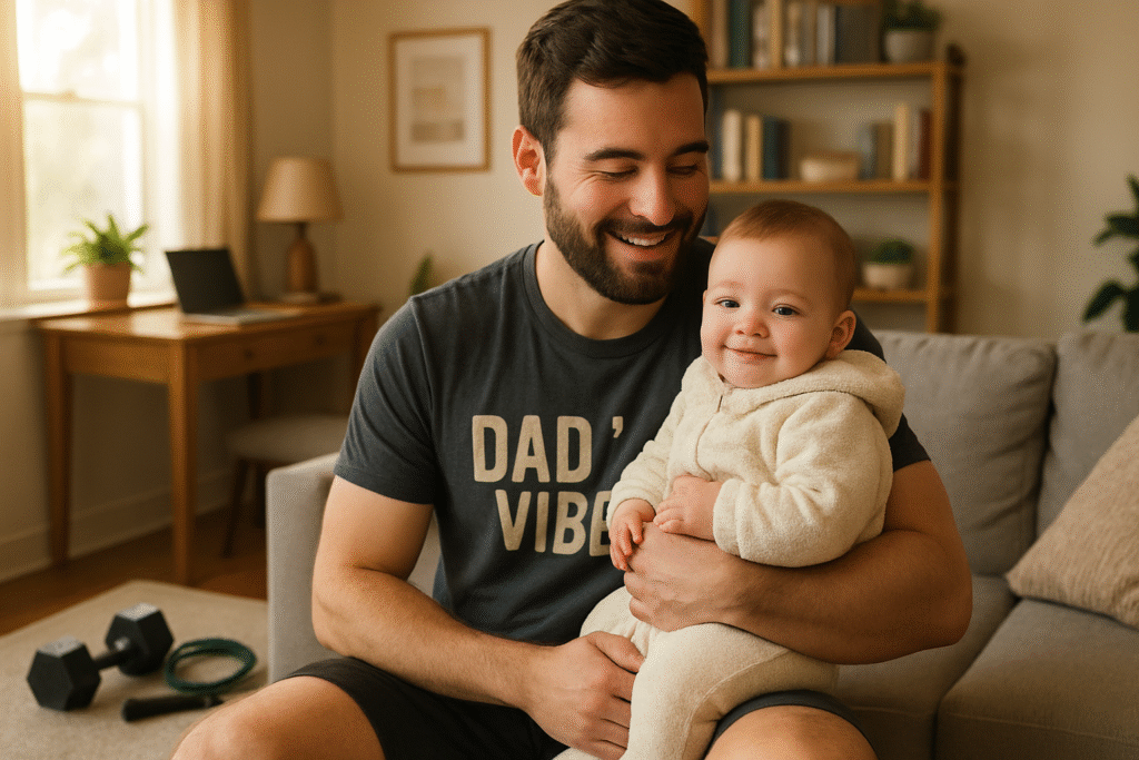 Man sat on his sofa holding his toddler looking happy in his gym gear