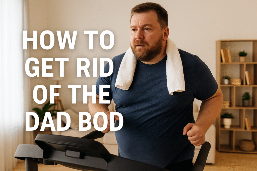 Determind looking man who is a little overweight on his treadmill at home, with a towel around his shoulders