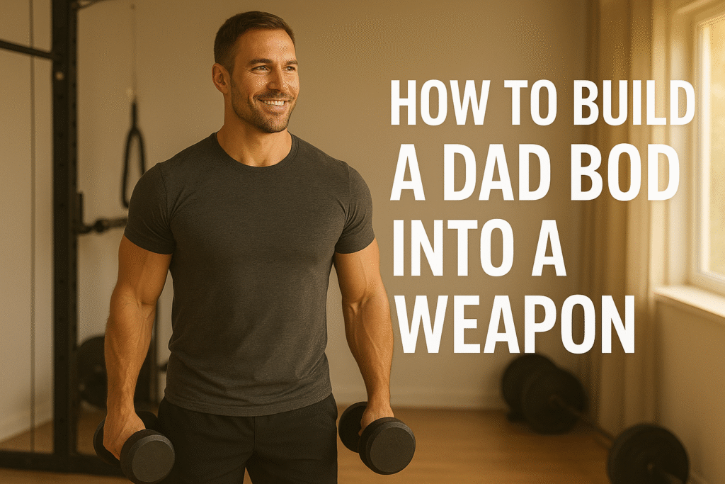 Strong looking man holding two dumbbells in his home gym
