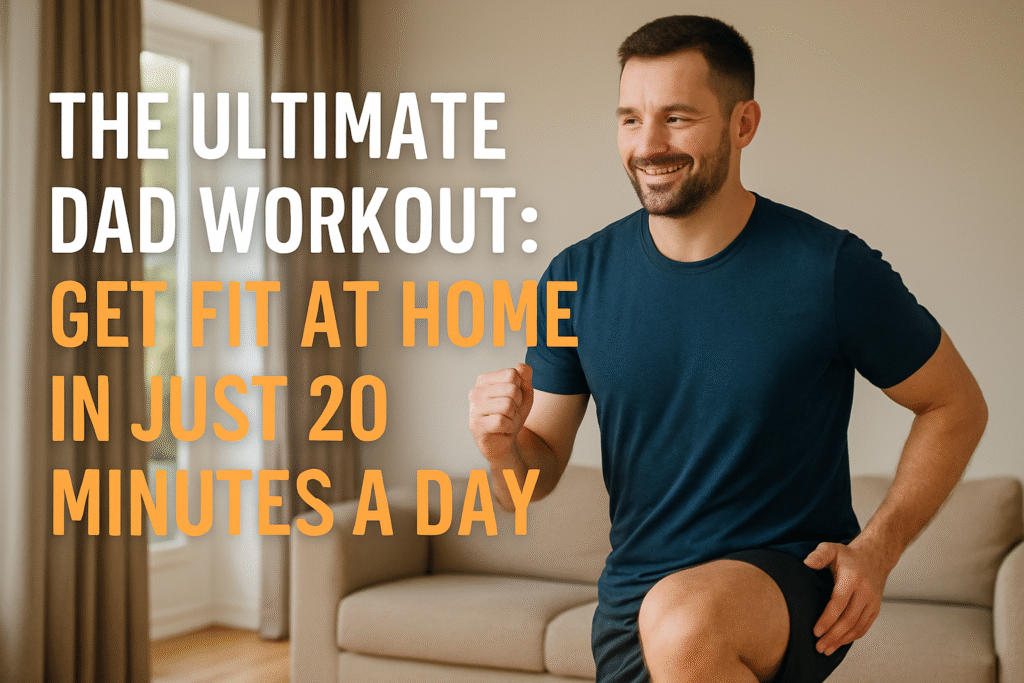 Man running on the spot looking happy in his living room with a sofa in the background