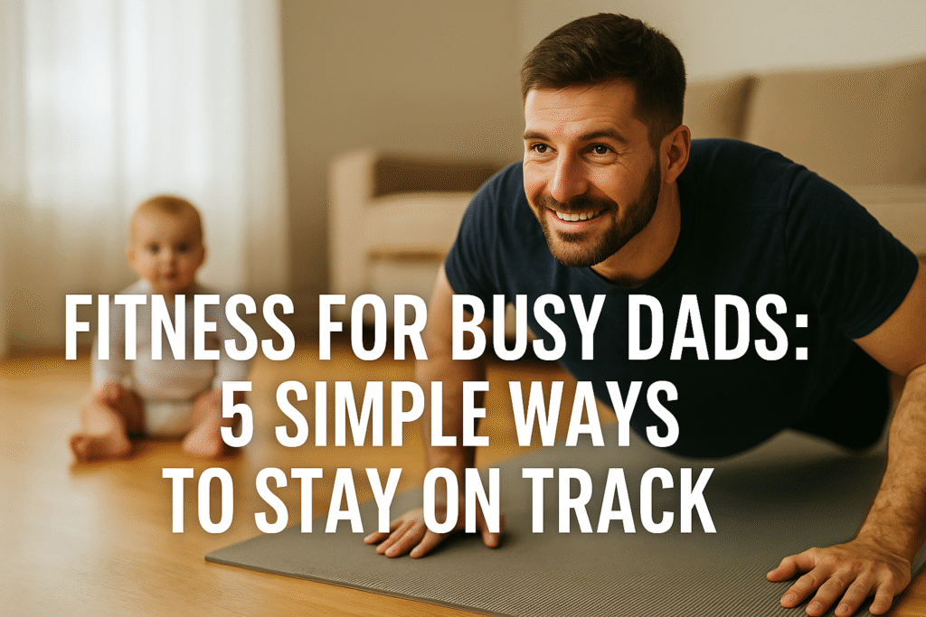 Man performing a press up in his living room with his toddler sat next to him watching and smiling