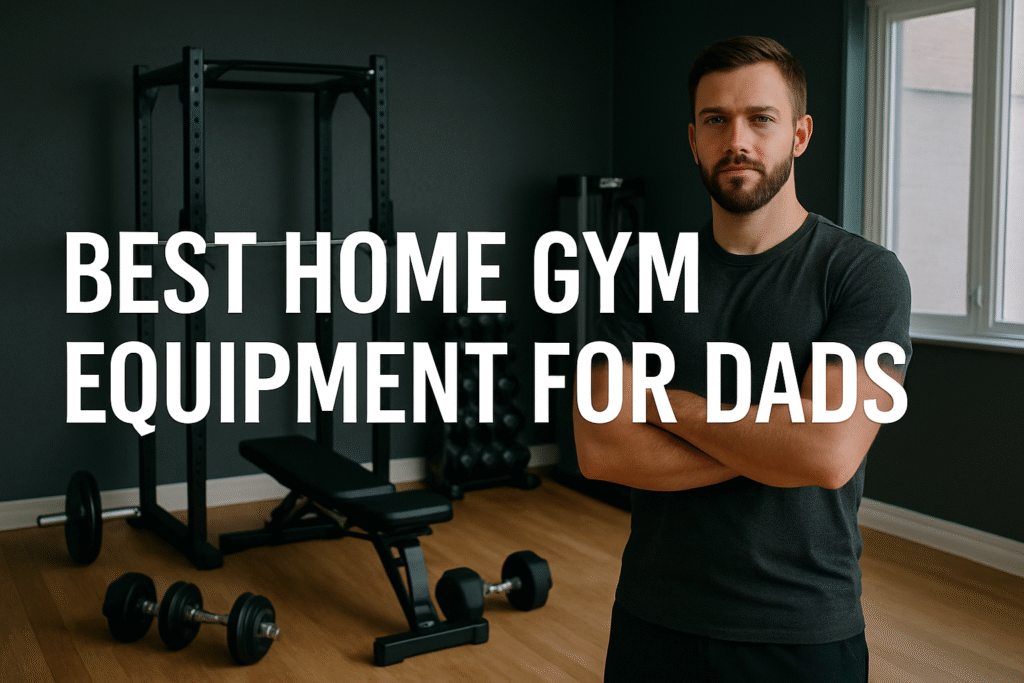 Man standing in front of his home gym, with various pieces of equipment in the background